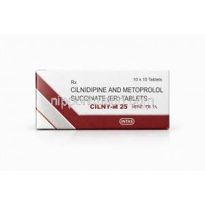 チルニーM 25, シルニジピン 10 mg/ メトプロロール 25 mg, 製造元：Intas Pharma, 箱表面