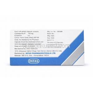 グラフォタス 100, シクロスポリン カプセル 100 mg (Intas) 箱裏面 情報