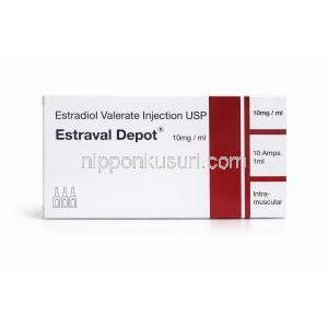 エストラバルデポー注射, エストラジオール吉草酸エステル 1mLあたり10 mgmL, 1mL x 10 アンプル, 製造元：Actiza Pharmaceutical Pvt. Ltd.,箱表面
