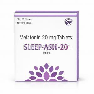 スリープアッシュ 20, メラトニン 20 mg, 製造元：Asher Pharmaceuticals, 箱表面