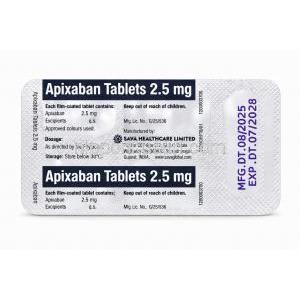 アピキサバン 2.5mg, エリキュース ジェネリック, 錠剤, 包装裏面