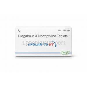 アポラー NT, プレガバリン75 mg/ノルトリプチリン 10 mg, 製造元：Lifecare Neuro Products Limited, 箱表面