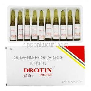 ドロチン Drotin, ドロタベリン 40mg 2ml 注射アンプル (Walter Bushnell) 箱、アンプル