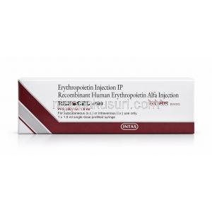 レノセル注射, エリスロポエチン 4000 IU/ mL, プレフィルドシリンジ, 製造元：Intas Pharma, 箱表面