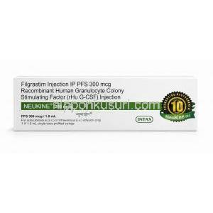 ニューキン注射, フィルグラスチム 300 mcg, プレフィルドシリンジ 1 mL, 製造元： Intas Pharma,箱表面