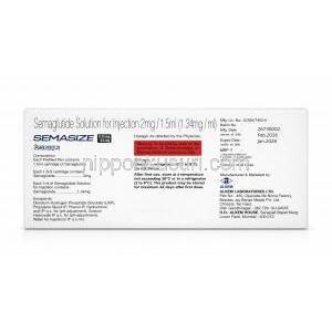 セマサイズペン型皮下注射,  2mg/ 1.5 mL(1.34 mgmL), ペン型注射1セット, 製造元：Alkem Laboratories Ltd, 箱情報