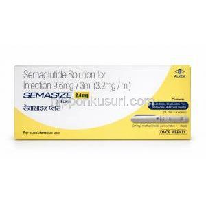 セマサイズプラスペン型皮下注射, 9.6 mg/ 3mL(3.2mg/ mL),ペン型注射1セット, 製造元：Alkem Laboratories Ltd, 箱表面