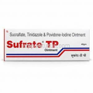 スルフラートTP軟膏, ポビドンヨード 5%/ チニダゾール 1%/ スクラルファート 7%  軟膏 15g, 製造元： Eskag Pharma Pvt Ltd, 箱表面