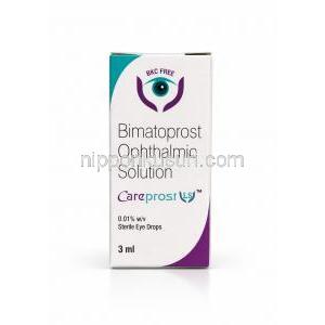 ケアプロスト, LS(無添加), ビマトプロスト  0.01% (0.1mg/mL),点眼薬 3mL, 製造元：Sun pharma, 箱表面