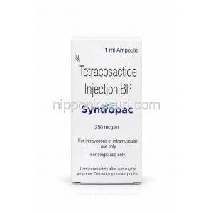 シントロパック注射, テトラコサクチド 250mcg, アンプル 1mL, 製造元：Sun Pharma, 箱表面