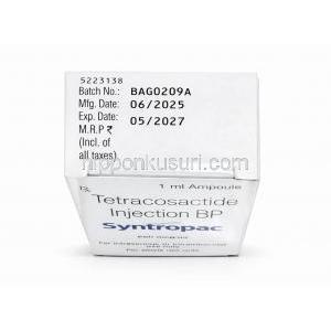 シントロパック注射, テトラコサクチド 250mcg, アンプル 1mL, 製造元：Sun Pharma, 箱情報, 製造日, 消費期限