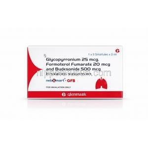 ネブズマート GFB スマートル, グリコピロレート25mcg/ ホルモテロール20mcg/ ブデソニド0.5mg, 1 パック (5個 X 2 mL) 吸入液, 製造元： Glenmark Pharmaceuticals,箱表面