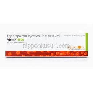 ビントル 注射, ヒト組み換え型エリスロポエチン・アルファ 4000 IU, 4000IU 1 ml x 1 注射 販売元：Emcure Pharma, 箱表面