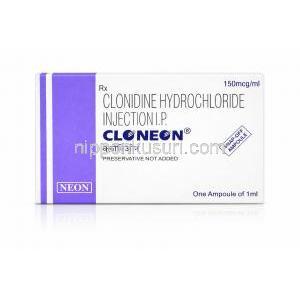 クロネオン 注射, クロニジン 150 mcg, 150 mcg 1ml x 1 バイアル, 製造元：Neon Laboratories, 箱表面