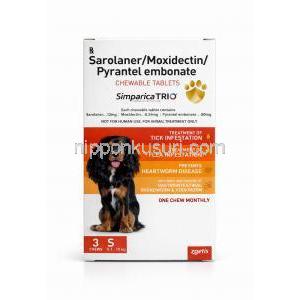 シンパリカ トリオ 犬用, ピランテル 50mg/ サロラネル 12mg/ モキシデクチン 0.24mg 小型犬用 (5.1-10kg) 3 チュアブル錠, 製造元：Zoetis,箱表面