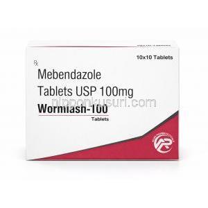 ウォ－ミアシュ 100, メベンダゾール 100mg, 製造元：Asher Pharmaceuticals, 箱表面