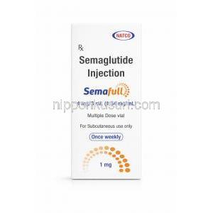 セマフル注射, セマグルチド 4 mg3 mL (1 mg), 複数回投与皮下注射用バイアルセット（週1回投与）, 製造元：Natco Pharma, 箱表面