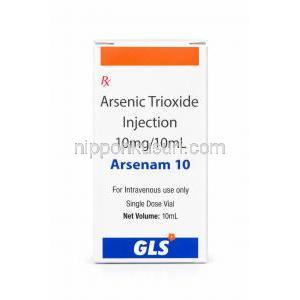 アルセナム注射, 亜ヒ酸 10 mg/ 10 mL, Vial 10 mL,製造元：GLS Pharma Ltd., 箱表面