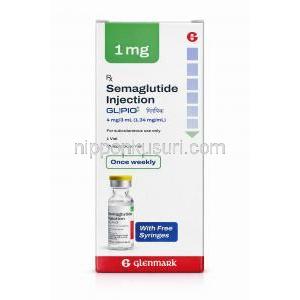グリピオ注射, セマグルチド 4 mg 3 mL (1.34mgmL), バイアル, 製造元：Glenmark Pharmaceuticals, 箱表面