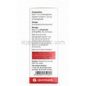 グリピオ注射, セマグルチド 4 mg 3 mL (1.34mgmL), バイアル, 製造元：Glenmark Pharmaceuticals, 箱情報, 注意事項