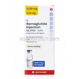 グリピオ注射, セマグルチド  2 mg 1.5 mL (1.34mgmL), バイアル, 製造元：Glenmark Pharmaceuticals, 箱表面