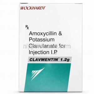 クラブメンチン注射, アモキシシリン1000mg/クラブラン酸200mg, 製造元：Wockhardt, 箱表面