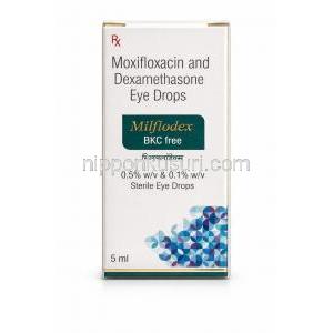 ミルフロデックス BKCフリー点眼薬, モキシフロキサシン0.5%/デキサメタゾン0.1% 点眼薬 5 mL, 製造元：Sun Pharma, 箱表面