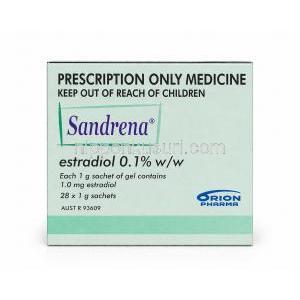 サンドレナジェル, エストラジオール 0.1%, 1箱 (28包 X 1g) ジェル, 製造元：Orion Pharma, 箱表面