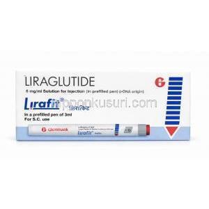 リラフィットペン型注射, リラグルチド 6mg/ mL, ペン型注射 3 mL, 製造元：Glenmark Pharmaceuticals, 箱表面