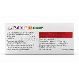 パリリス LA  注射, パリペリドン 100 mg, プレフィルドシリンジ 1 mL,製造元：Sun Pharma, 箱情報