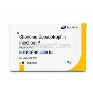 ユートリグHP注射, ヒト絨毛性ゴナドトロピン (hCG) 5000 IU, バイアル, 製造元：Samarth Life Sciences Pvt Ltd, 箱表面