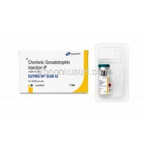 ユートリグHP注射, ヒト絨毛性ゴナドトロピン (hCG) 5000 IU, バイアル, 製造元：Samarth Life Sciences Pvt Ltd, 箱, バイアルセット