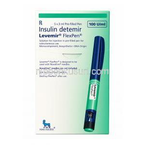 レベミルフレックスペン, インスリン デテミル 100IU/mL, ペン型注射 3 mL, 製造元：Novo Nordisk India Pvt Ltd, 箱表面