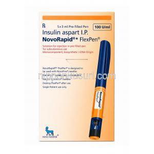 ノボラピッドフレックスペン,インスリンアスパルト 100IU/mL, ペン型注射 3 mL, 製造元：Novo Nordisk India Pvt Ltd, 箱表面