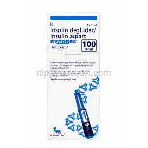 ライゾデグ フレックスタッチ ペン型注射, インスリンデグルデク2.56mg/インスリンアスパルト1.05mg,ペン型注射 3 mL,製造元： Novo Nordisk India Pvt Ltd, 箱表面