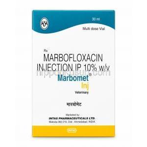マルボメット注射, マルボフロキサシン 10%, バイアル 30 mL, 製造元：Intas Pharma, 箱表面