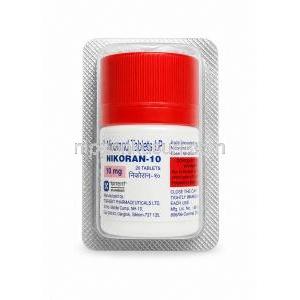 ニコラン 10, ニコランジル 10 mg, 20錠,製造元：Torrent Pharmaceuticals Ltd,ボトル包装表面