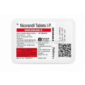 ニコラン 5, ニコランジル 5 mg, 20錠,製造元：Torrent Pharmaceuticals Ltd,ボトル包装裏面