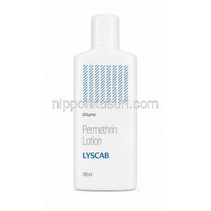 ライスカブローション, ペルメトリン 5%,ローション 100 mL,製造元： Lyra Laboratories, ボトル表面