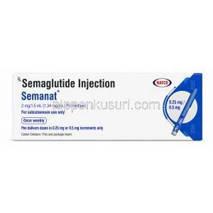セマナットペン型注射, セマグルチド 2mg/1.5mL (1.34 mg/ mL), ペン型注射, 製造元：Natco Pharma, 箱表面