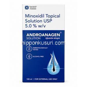 Torrent 社製アンドロアナゲン 頭皮外用液, ミノキシジル 5%, 頭皮外用液 100 mL, 製造元：Torrent Pharmaceuticals Ltd, 箱表面