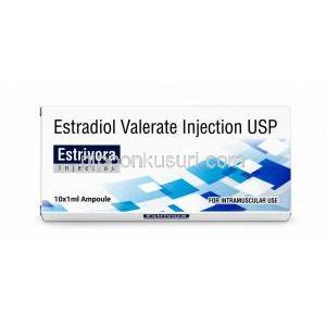エストリボラ注射, エストラジオール吉草酸エステル 10 mg, アンプル 1mL X 10本, 製造元：Asher Pharmaceuticals, 箱表面