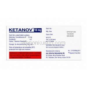 ケタノフ, ケトロラク 10mg, 製造元：Sun Pharma, 箱情報