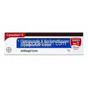 カーネステン S クリーム,クロトリマゾール 1%/ ベクロメタゾン 0.025%, クリーム 15 g, 製造元：Bayer, 箱表面