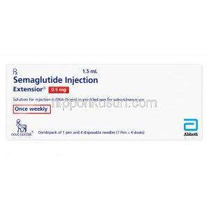 エクステンショナー ペン型注射,セマグルチド 2mg/ 1.5 mL (0.5 mg/0.37 mL),   1セット (ペン型注射 1本, 使い捨て針 4本), 製造元：Abbott India, 箱表面