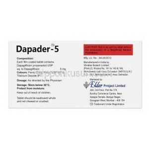 ダパダー 5, ダパグリフロジン 5mg, 14錠, 製造元：Elder Project Ltd, 箱情報, 成分, 保管方法