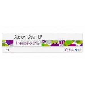 ヘルペックス クリーム,  アシクロビル 5%,クリーム I.P, 5g, 製造元：Torrent Pharmaceuticals Ltd,箱情報