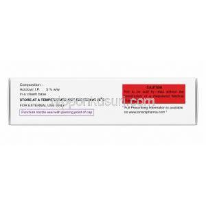 ヘルペックス クリーム,  アシクロビル 5%,クリーム I.P, 5g, 製造元：Torrent Pharmaceuticals Ltd,箱情報, 成分, 注意事項