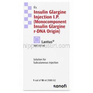 ランタス 注射液, インスリン グラルジン (遺伝子組換え）1mLあたり100 IU , バイアル 10 mL, 製造元：Sanofi India, 箱表面