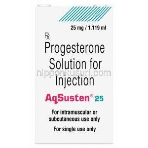 アクスステン注射, プロゲステロン 25mg, バイアル 1.119mL,製造元：Sun Pharma, 箱表面